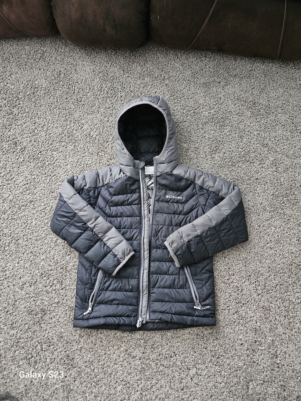 Columbia Omni-Heat Hooded Insulated Puffer Jacket Youth Small Black Gray Full